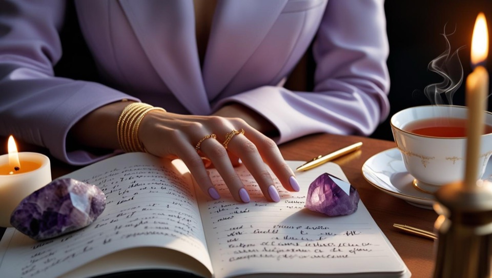Journal, candle and crystals on a desk